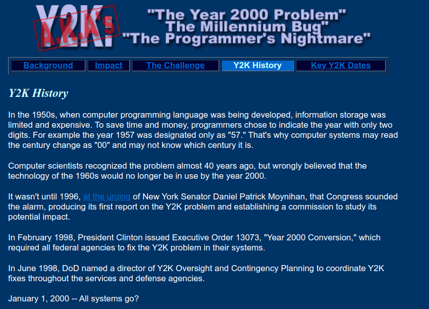 A screenshot from the Y2K History section of the website